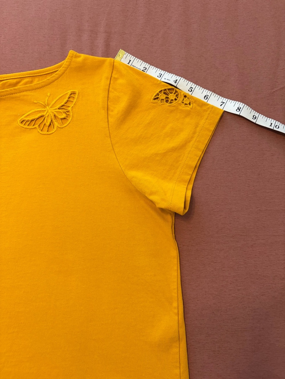 Women's Mustard Yellow Butterfly Cutout Short Sleeve Top - Picture 15 of 15